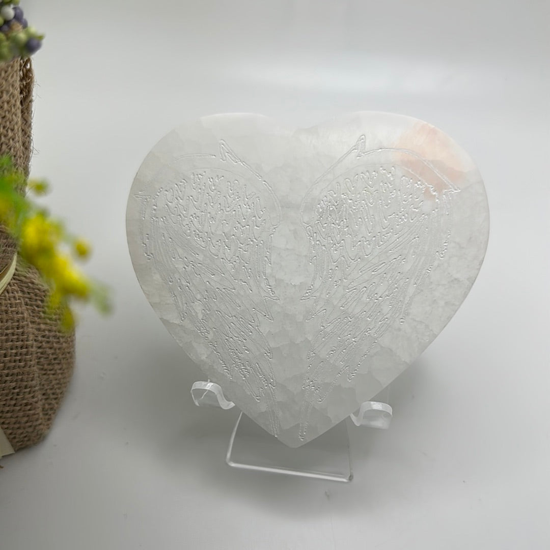 Selenite Heart with Angel Wings