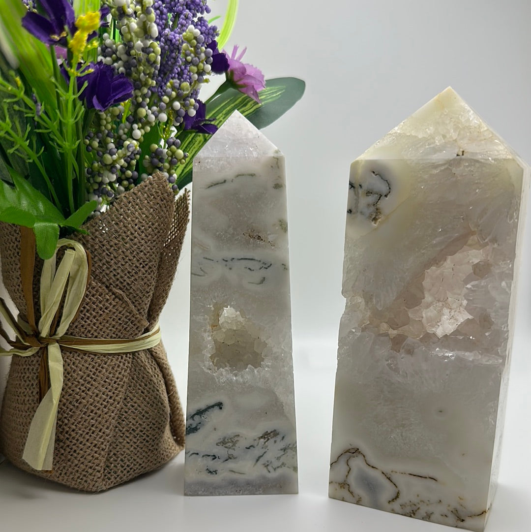 Moss Agate and Quartz Tower