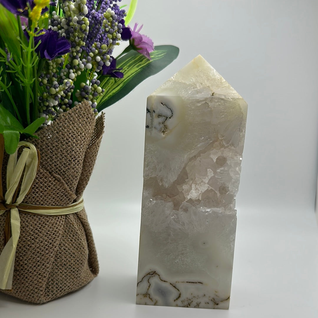 Moss Agate and Quartz Tower