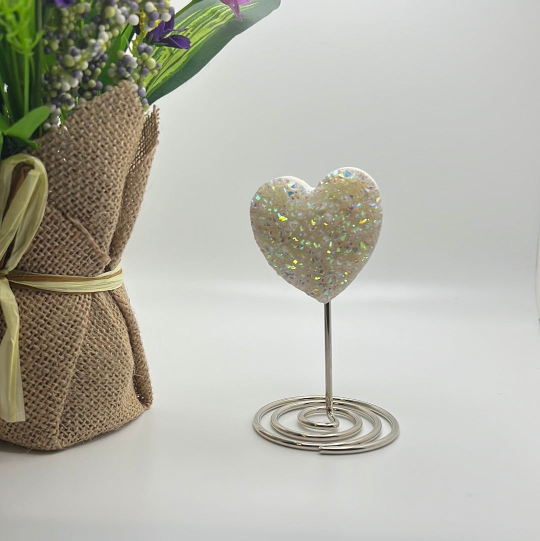 Aura Clear Quartz Cluster Heart with Stand