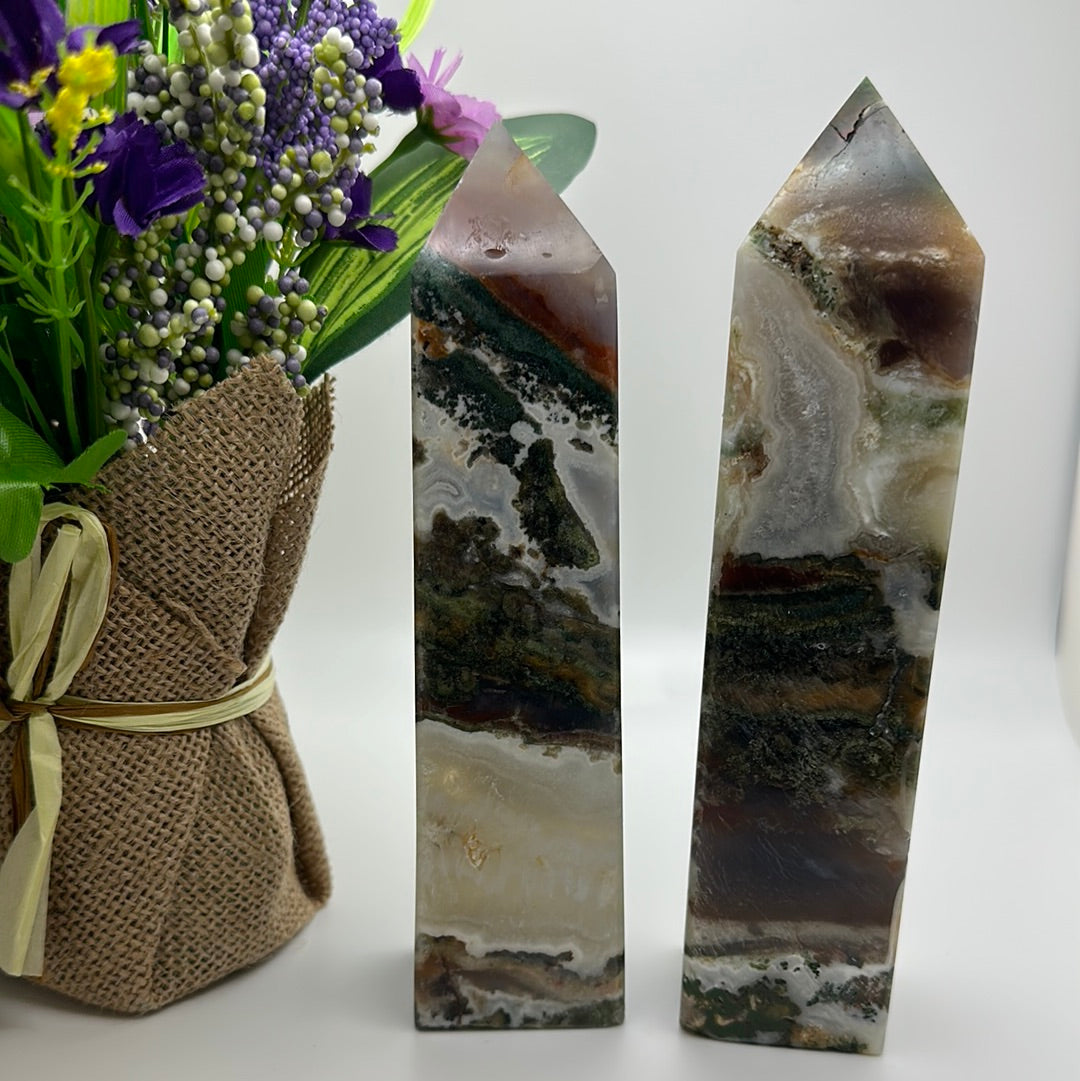 Moss Agate, Quartz, and Ocean Jasper Tower