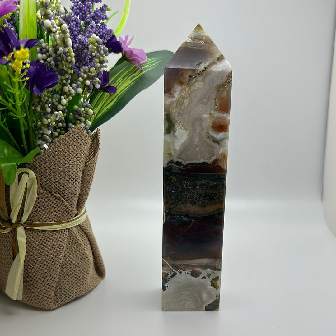 Moss Agate, Quartz, and Ocean Jasper Tower