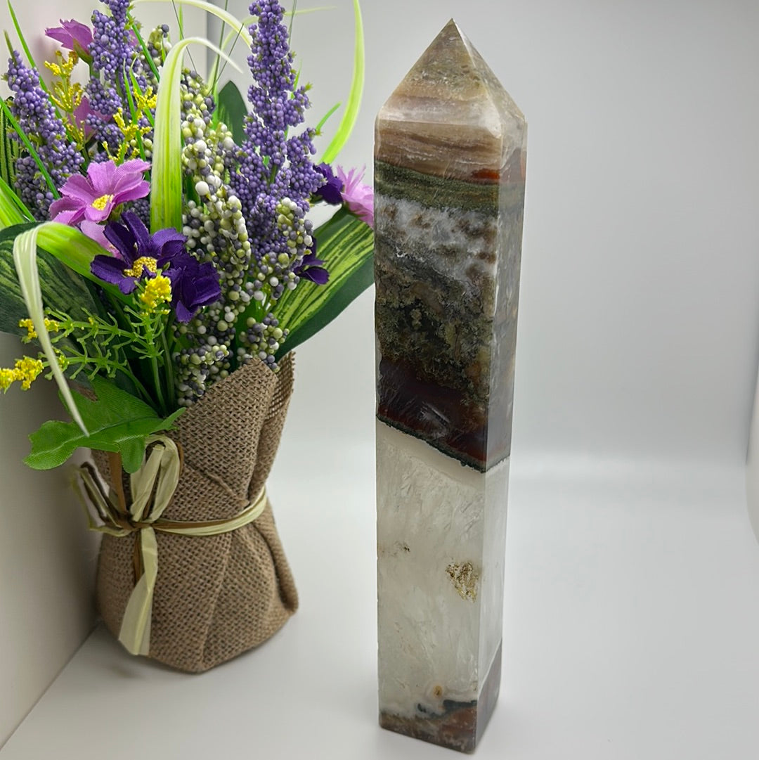 Moss Agate, Quartz, and Ocean Jasper Tower