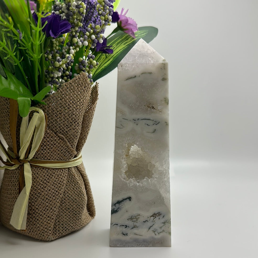 Moss Agate and Quartz Tower