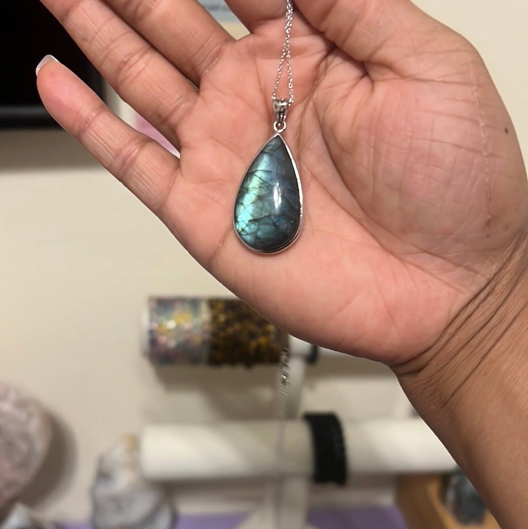 Labradorite Tear Drop Pendant with Sterling Silver Chain